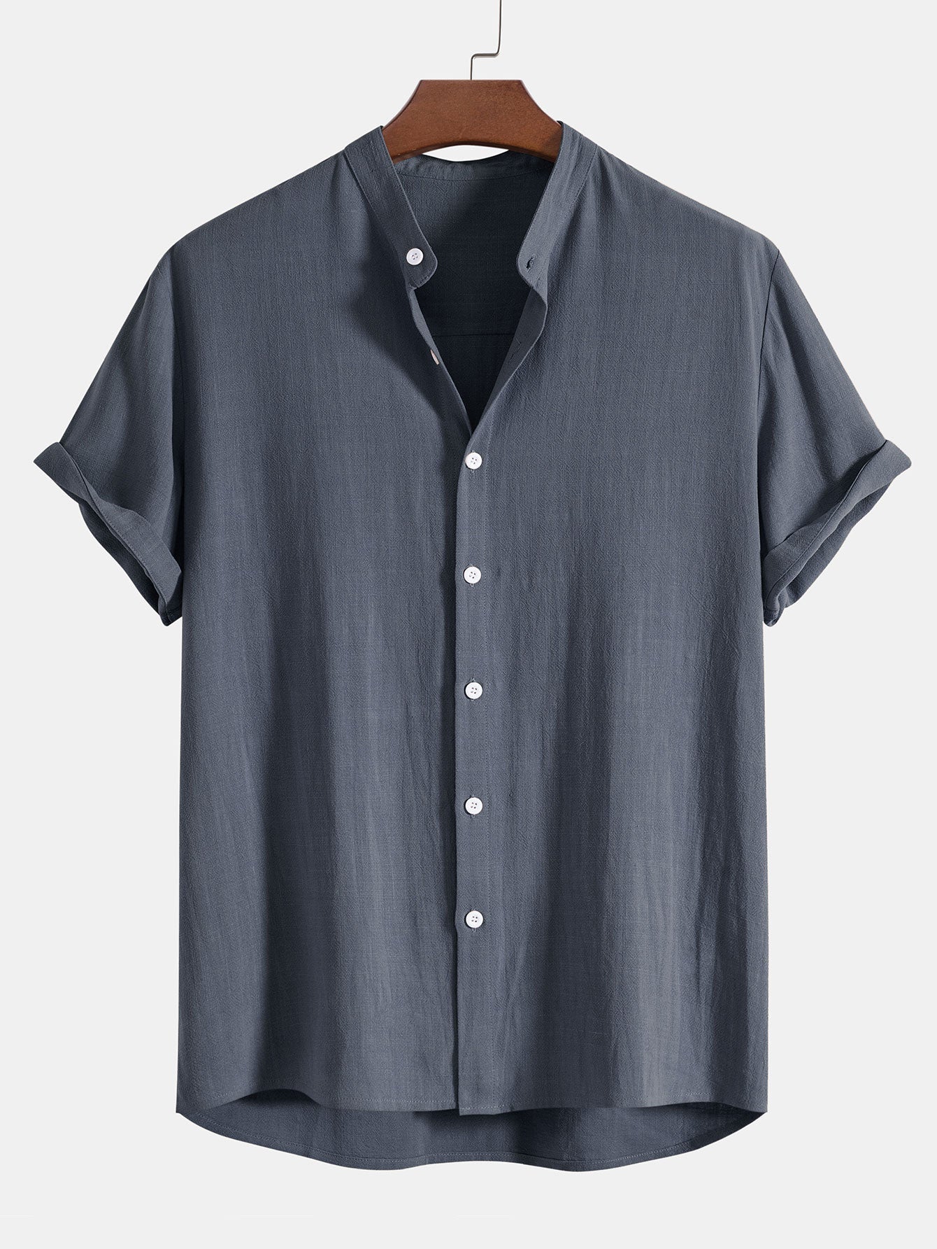 Camicia con Collo Stand in Lino e Rayon