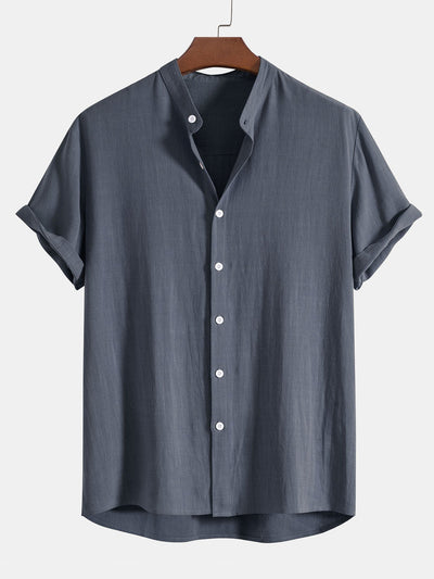 Camicia con Collo Stand in Lino e Rayon