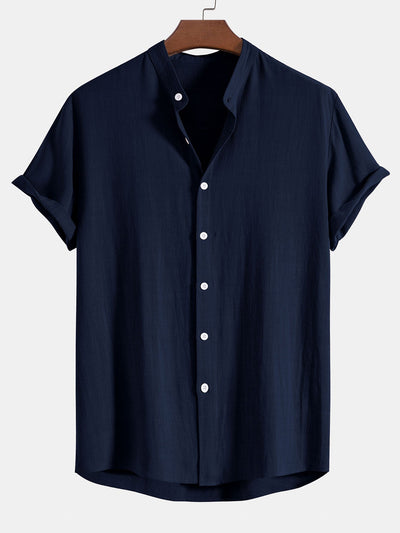 Camicia con Collo Stand in Lino e Rayon