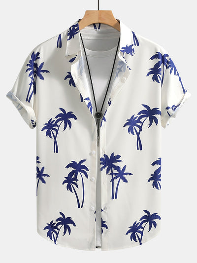 Camicia a Bottone con Stampa di Palme & Pantaloni da Bagno a Media Lunghezza con Coulisse