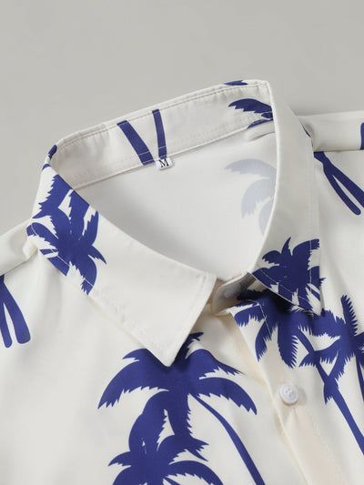 Camicia a Bottone con Stampa di Palme & Pantaloni da Bagno a Media Lunghezza con Coulisse