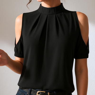Inge™ | Blusa Nera Plissettata con Maniche Scollo Freddo