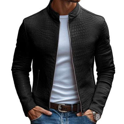 Giacca in Pelle Slim Fit con Collo Alto e Zip in Stile Maschile con Motivo Pietra