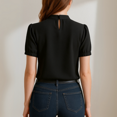 Inge™ | Blusa Nera Plissettata con Maniche Scollo Freddo
