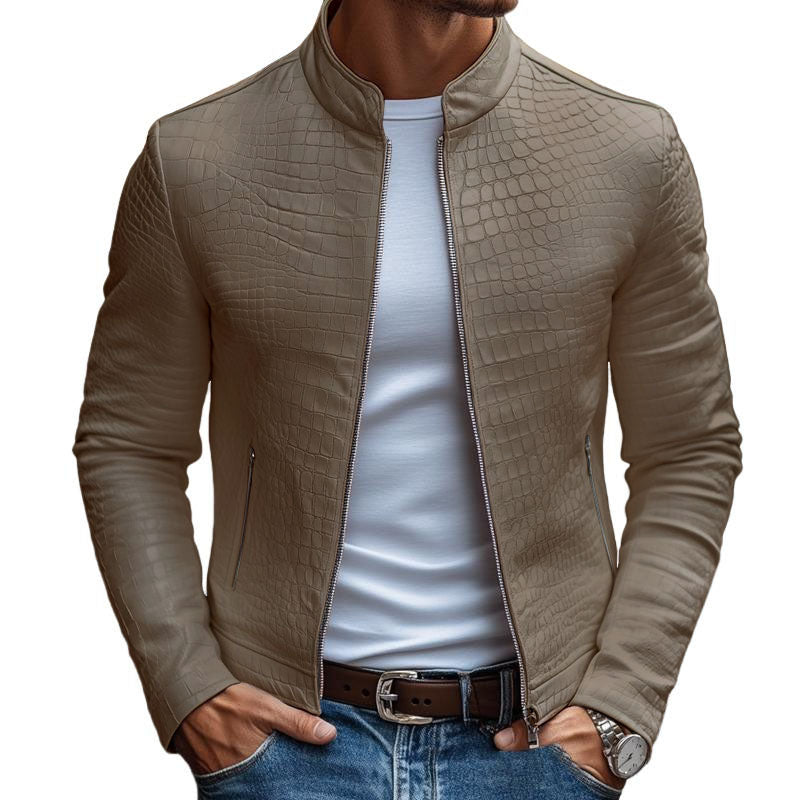 Giacca in Pelle Slim Fit con Collo Alto e Zip in Stile Maschile con Motivo Pietra