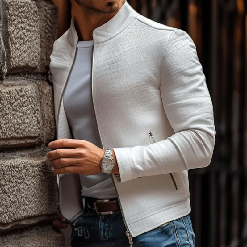 Giacca in Pelle Slim Fit con Collo Alto e Zip in Stile Maschile con Motivo Pietra