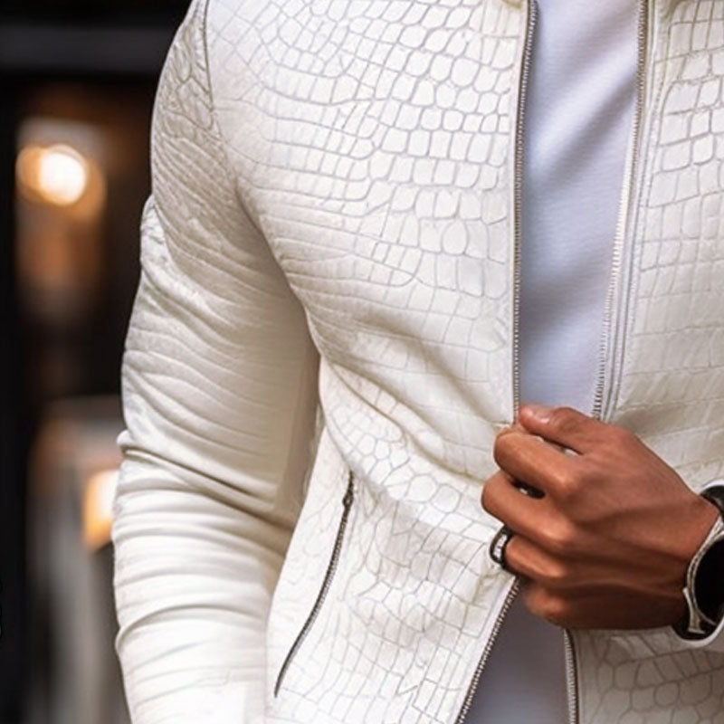Giacca in Pelle Slim Fit con Collo Alto e Zip in Stile Maschile con Motivo Pietra