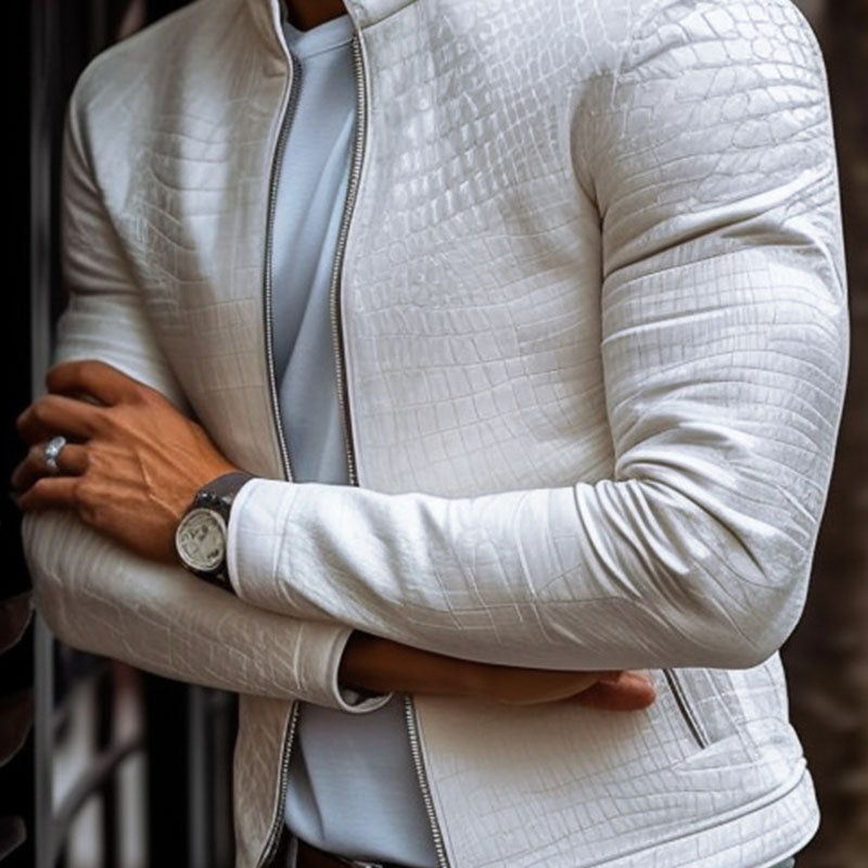 Giacca in Pelle Slim Fit con Collo Alto e Zip in Stile Maschile con Motivo Pietra