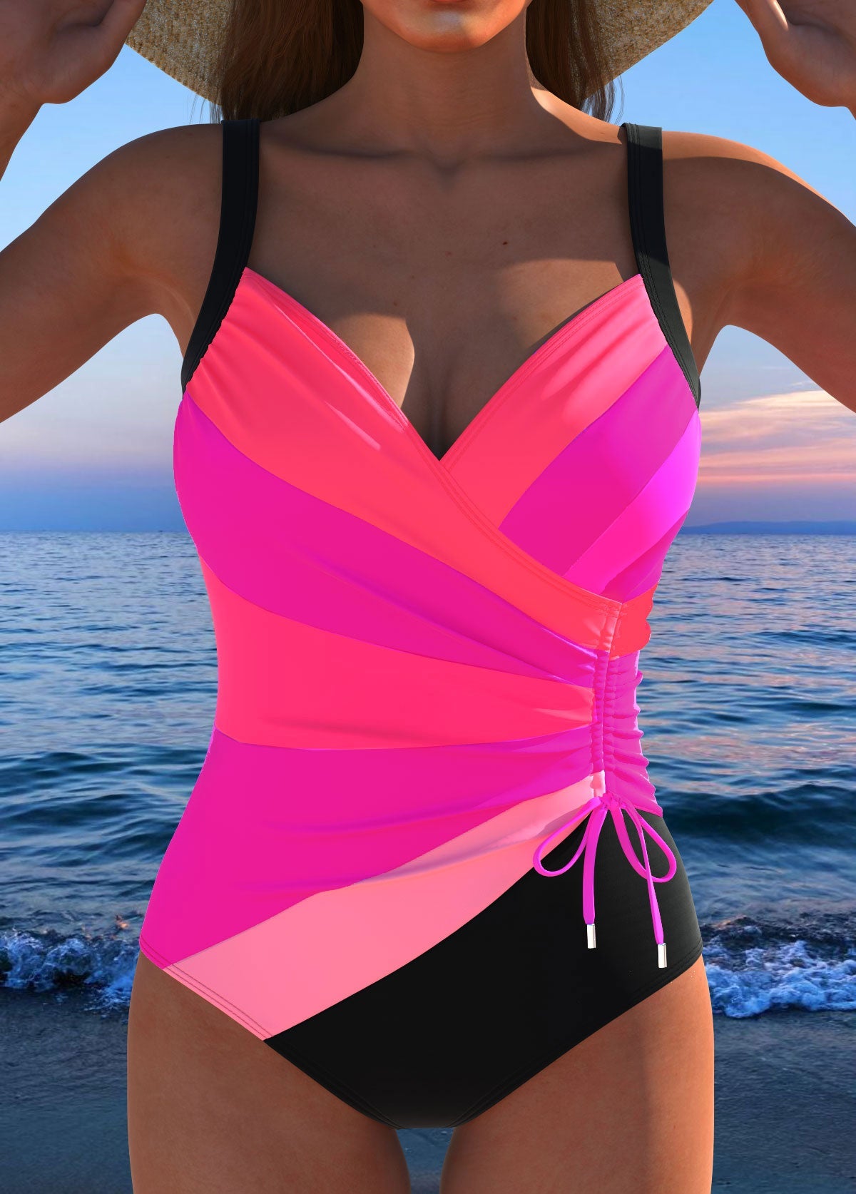 Costume da bagno Luxe Surplice Nero con Stampa Colorata