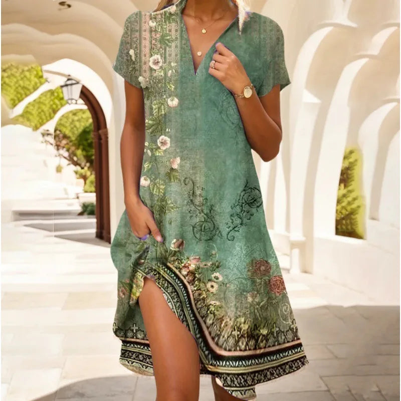 Leviana™ | Floral V-Neck Dress with Elegant Buttoning