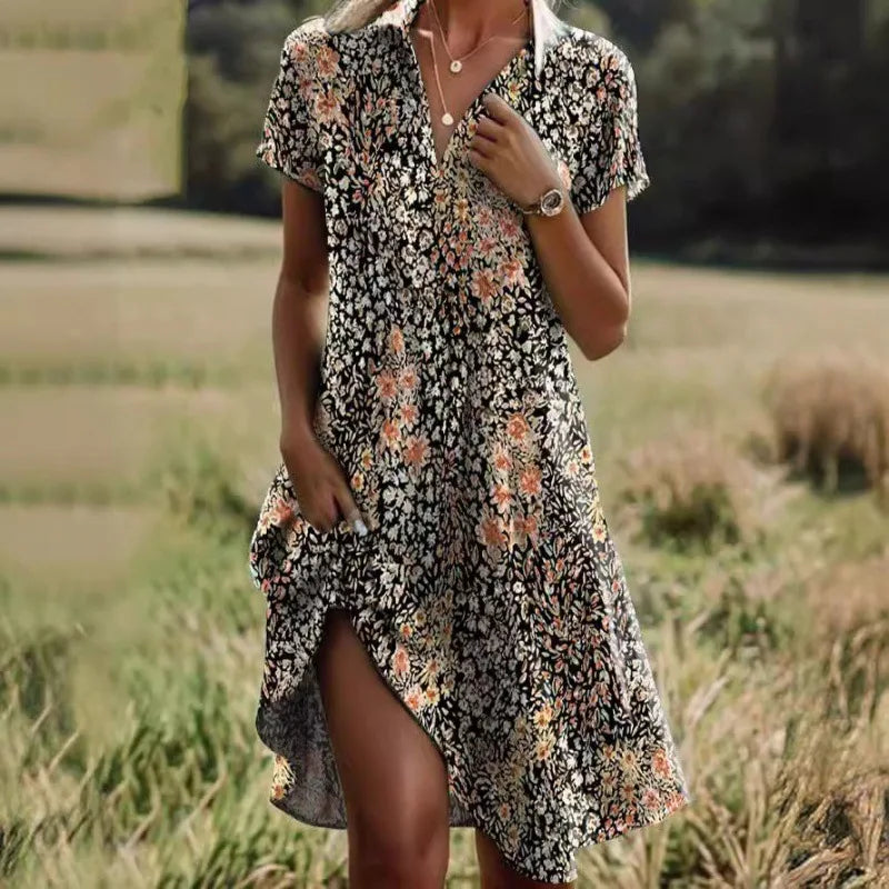 Leviana™ | Floral V-Neck Dress with Elegant Buttoning