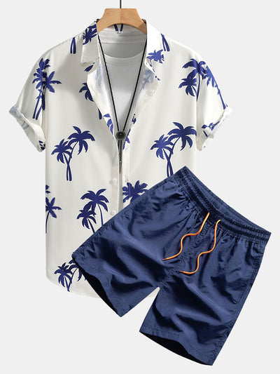 Camicia a Bottone con Stampa di Palme & Pantaloni da Bagno a Media Lunghezza con Coulisse