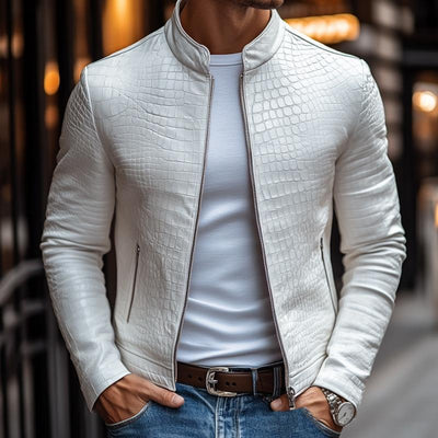 Giacca in Pelle Slim Fit con Collo Alto e Zip in Stile Maschile con Motivo Pietra
