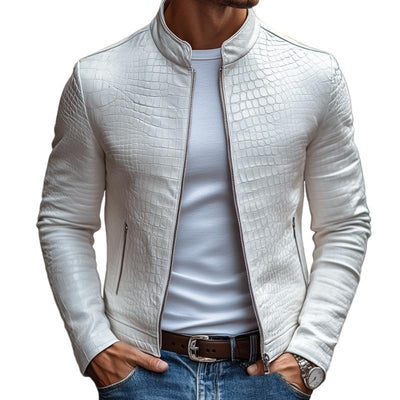 Giacca in Pelle Slim Fit con Collo Alto e Zip in Stile Maschile con Motivo Pietra