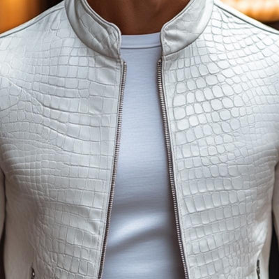 Giacca in Pelle Slim Fit con Collo Alto e Zip in Stile Maschile con Motivo Pietra